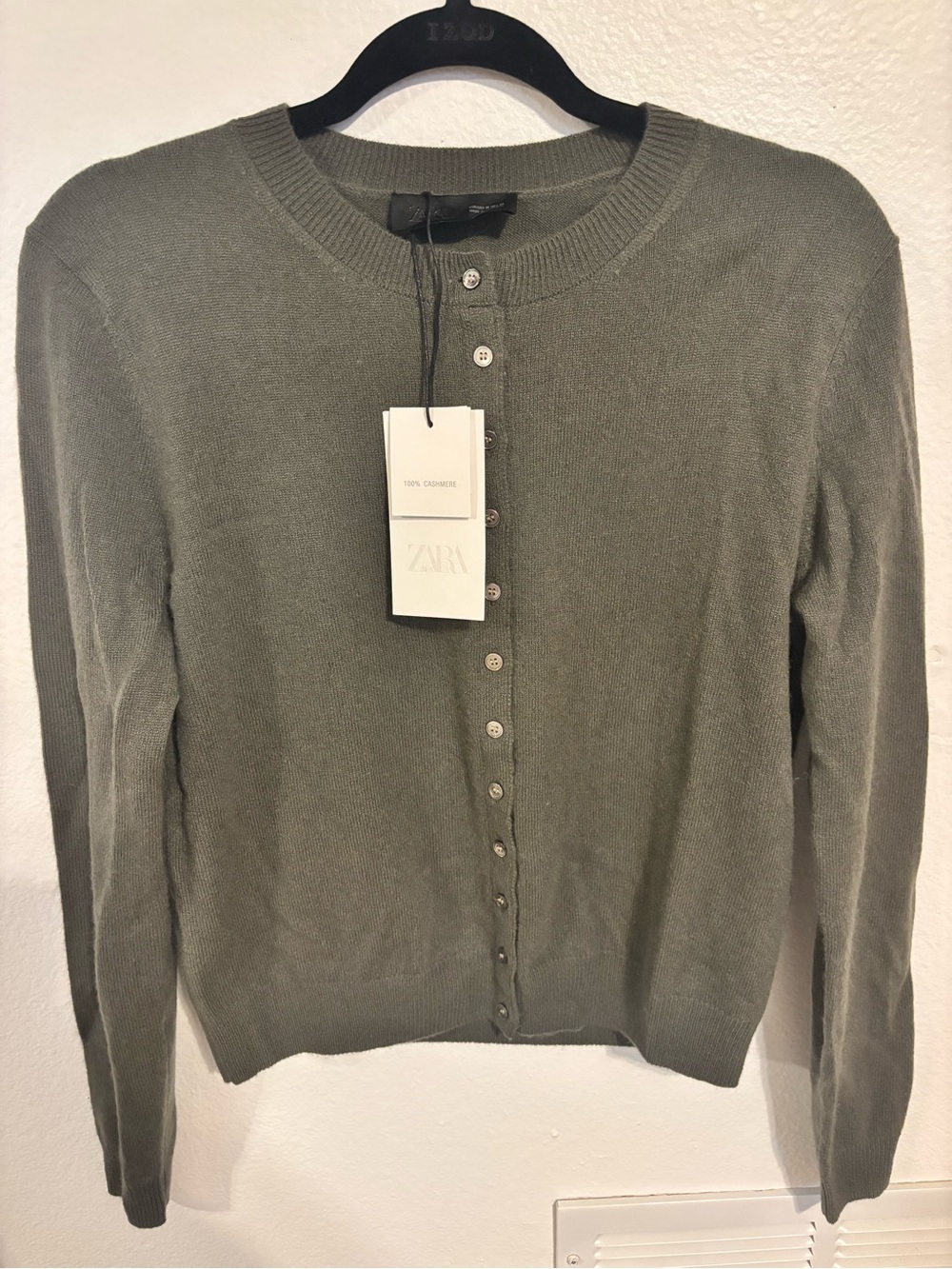 Zara Olive Gray Crewneck Button Cashmere-Blend Cardigan